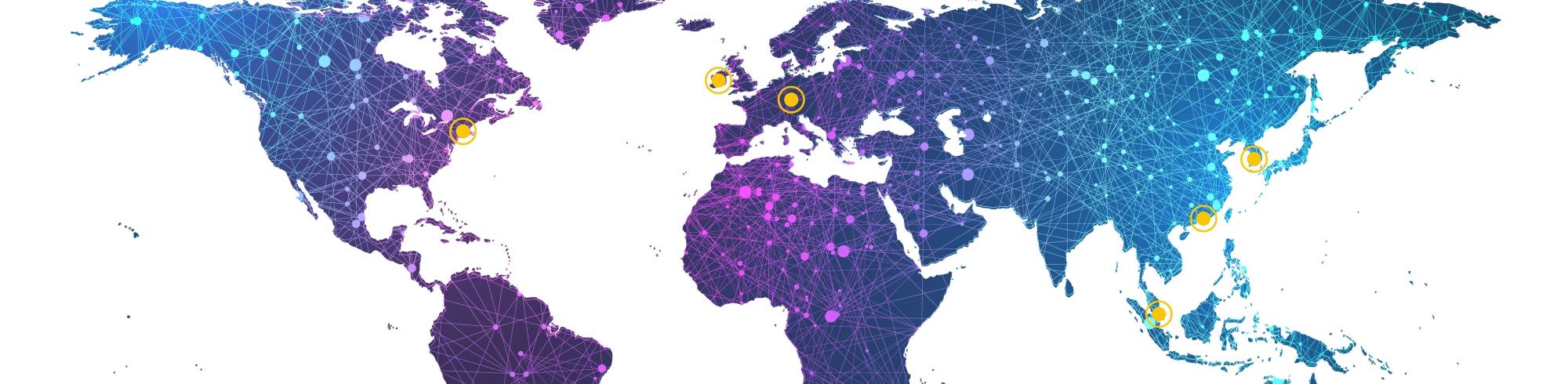 Mapa de ubicaciones de Dymax en todo el mundo, incluyendo Norteamérica, Asia y Europa